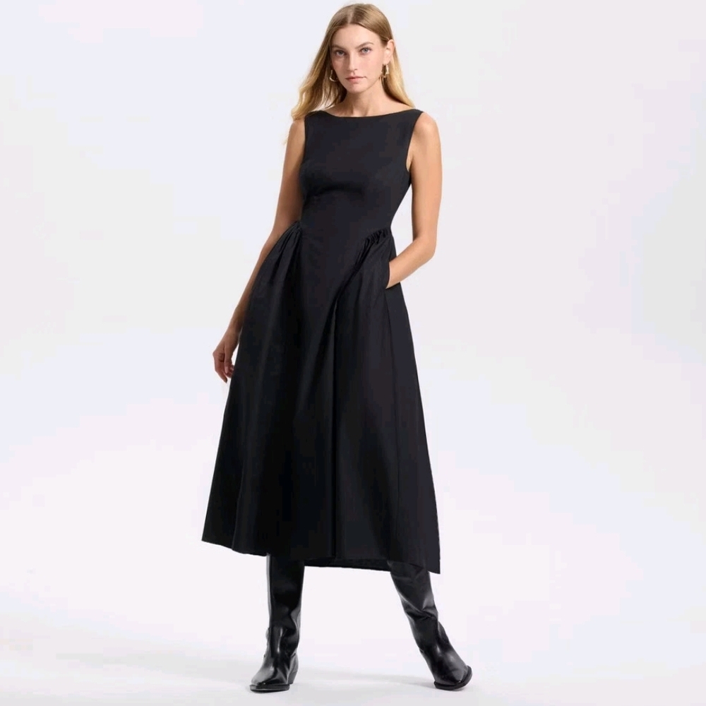 NWT Black Cap Sleeve Gathered Waist Midi Dress Size XXL - Picture 3 of 4
